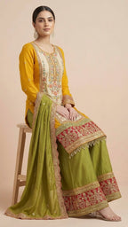 Olive Green & Mustard Chinon Suit