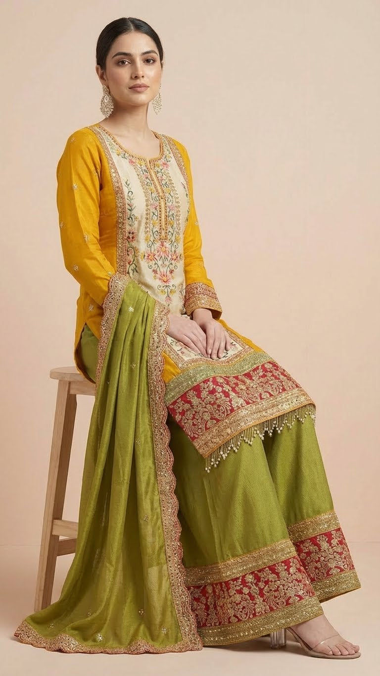 Olive Green & Mustard Chinon Suit