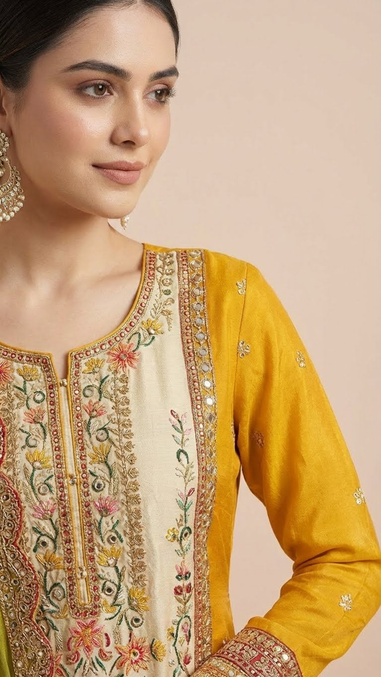 Olive Green & Mustard Chinon Suit