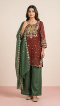 Deep Maroon and Moss Green Crunchy Silk Khatli Work Suit Set