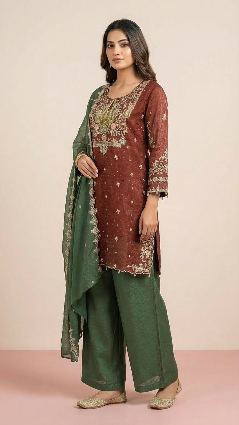 Deep Maroon and Moss Green Crunchy Silk Khatli Work Suit Set
