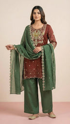 Deep Maroon and Moss Green Crunchy Silk Khatli Work Suit Set