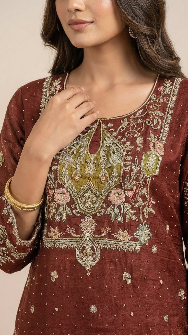 Deep Maroon and Moss Green Crunchy Silk Khatli Work Suit Set