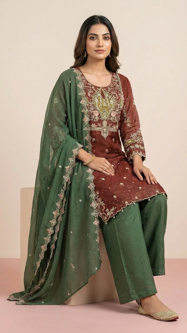 Deep Maroon and Moss Green Crunchy Silk Khatli Work Suit Set