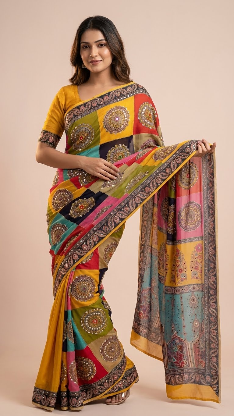 Mustard Yellow Heavy Chinon Saree with Digital Print & Mirror Work