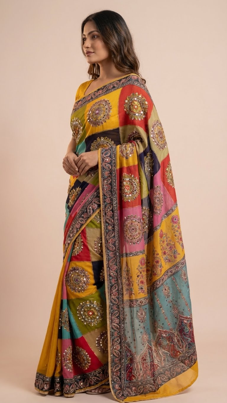 Mustard Yellow Heavy Chinon Saree with Digital Print & Mirror Work