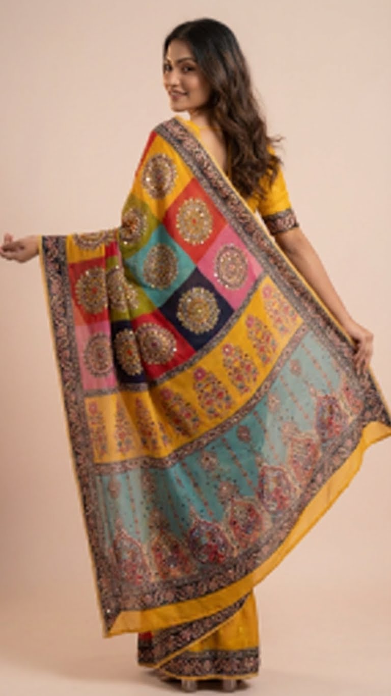 Mustard Yellow Heavy Chinon Saree with Digital Print & Mirror Work