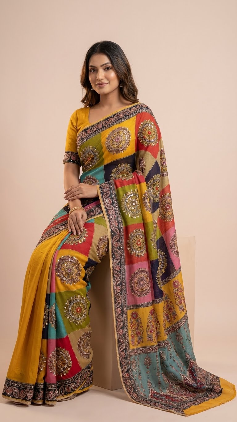 Mustard Yellow Heavy Chinon Saree with Digital Print & Mirror Work
