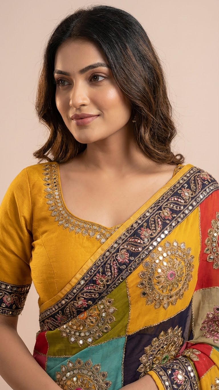 Mustard Yellow Heavy Chinon Saree with Digital Print & Mirror Work