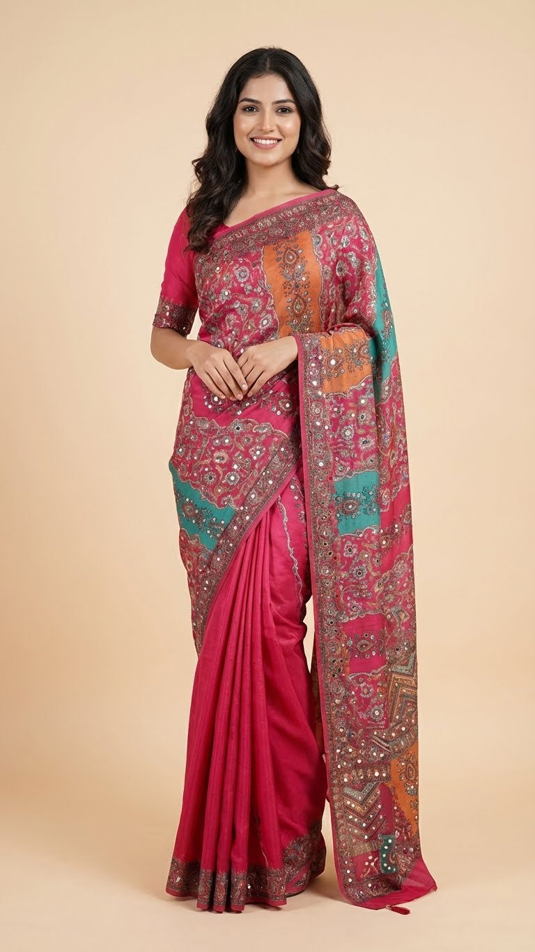 Rose Pink Heavy Chinon Saree with Digital Print & Mirror Work