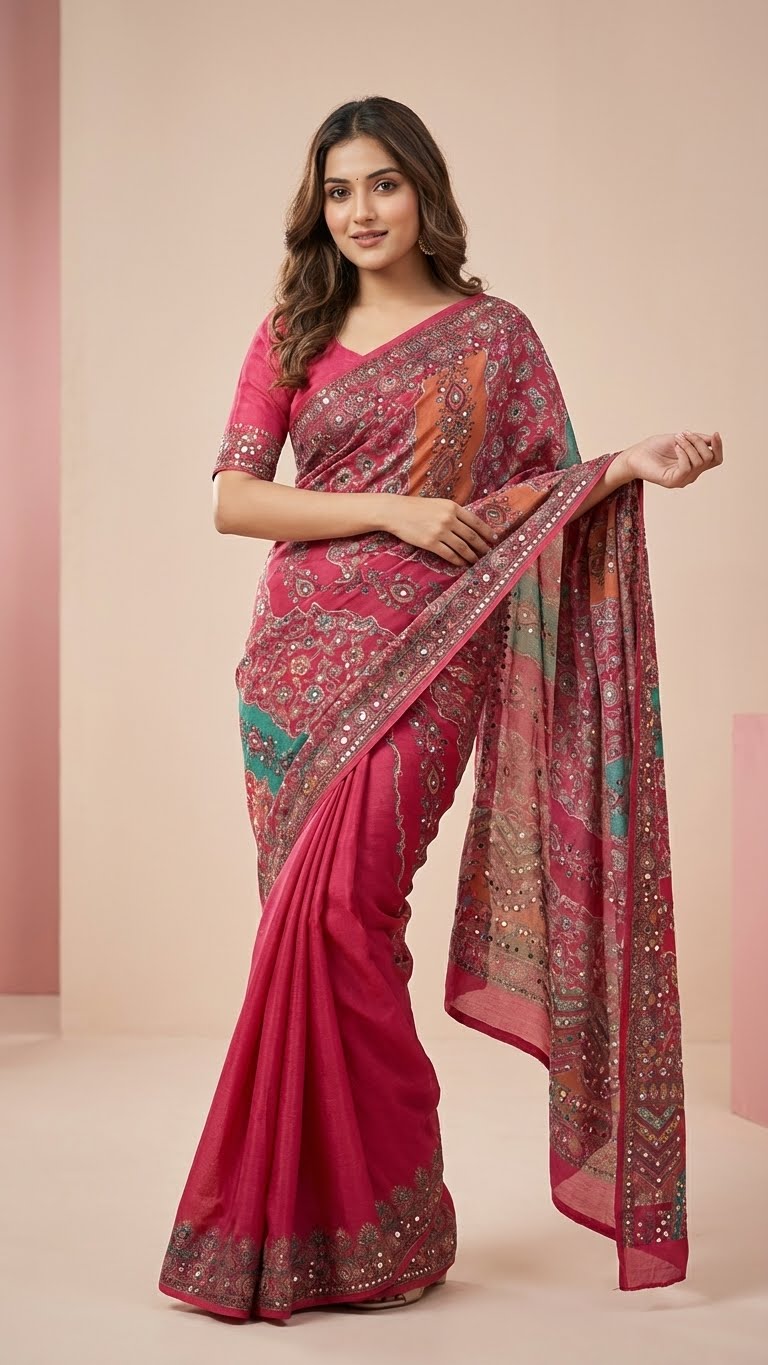 Rose Pink Heavy Chinon Saree with Digital Print & Mirror Work