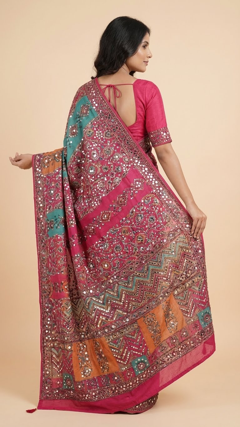 Rose Pink Heavy Chinon Saree with Digital Print & Mirror Work