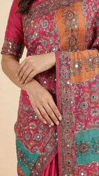 Rose Pink Heavy Chinon Saree with Digital Print & Mirror Work