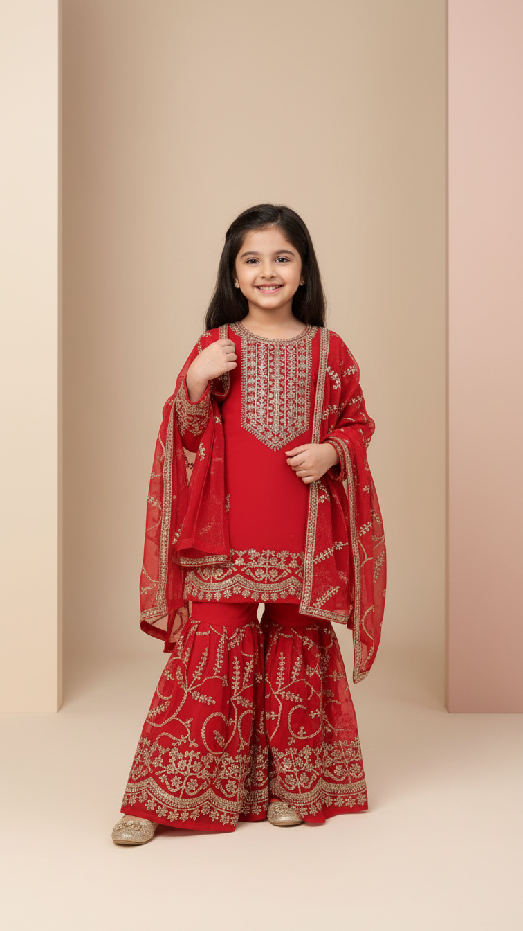 Kids Girls Sarara 3-Piece Set – Golden Thread Work, Soft Georgette