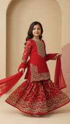 Kids Girls Sarara 3-Piece Set – Golden Thread Work, Soft Georgette