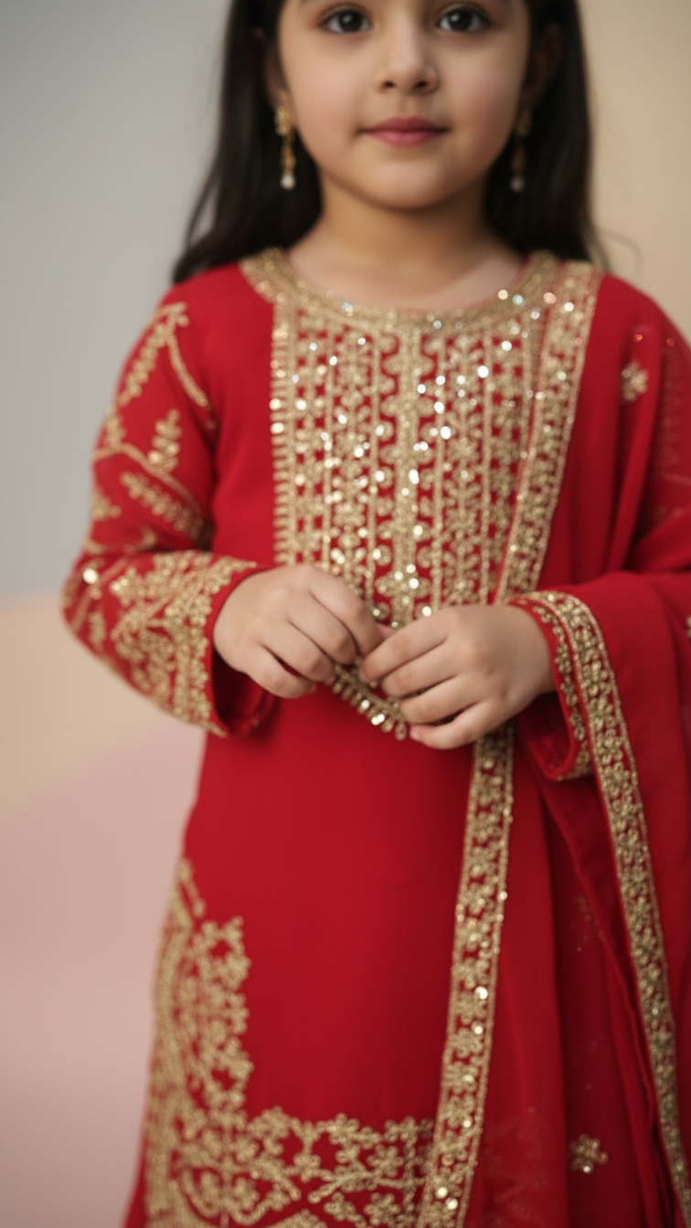 Kids Girls Sarara 3-Piece Set – Golden Thread Work, Soft Georgette