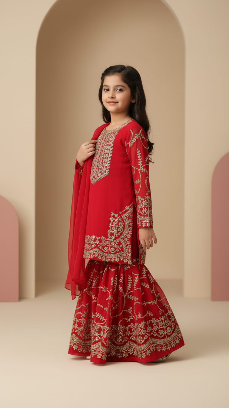 Kids Girls Sarara 3-Piece Set – Golden Thread Work, Soft Georgette