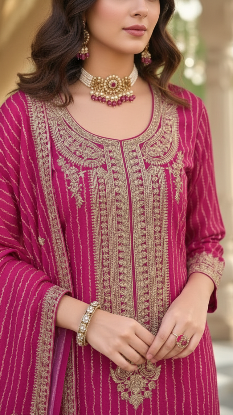 Hot Pink 3-Piece Plazo Set – Women’s Festive & Party Wear