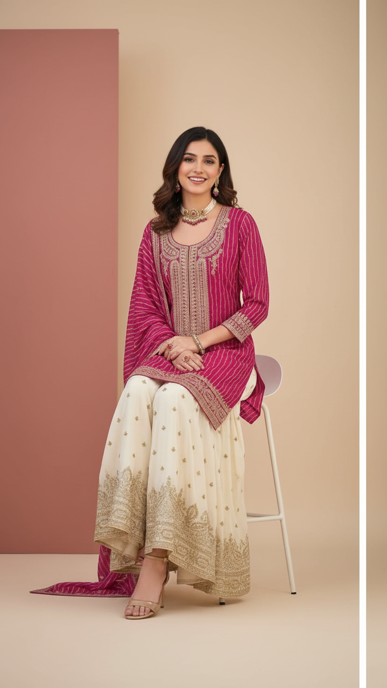 Hot Pink 3-Piece Plazo Set – Women’s Festive & Party Wear