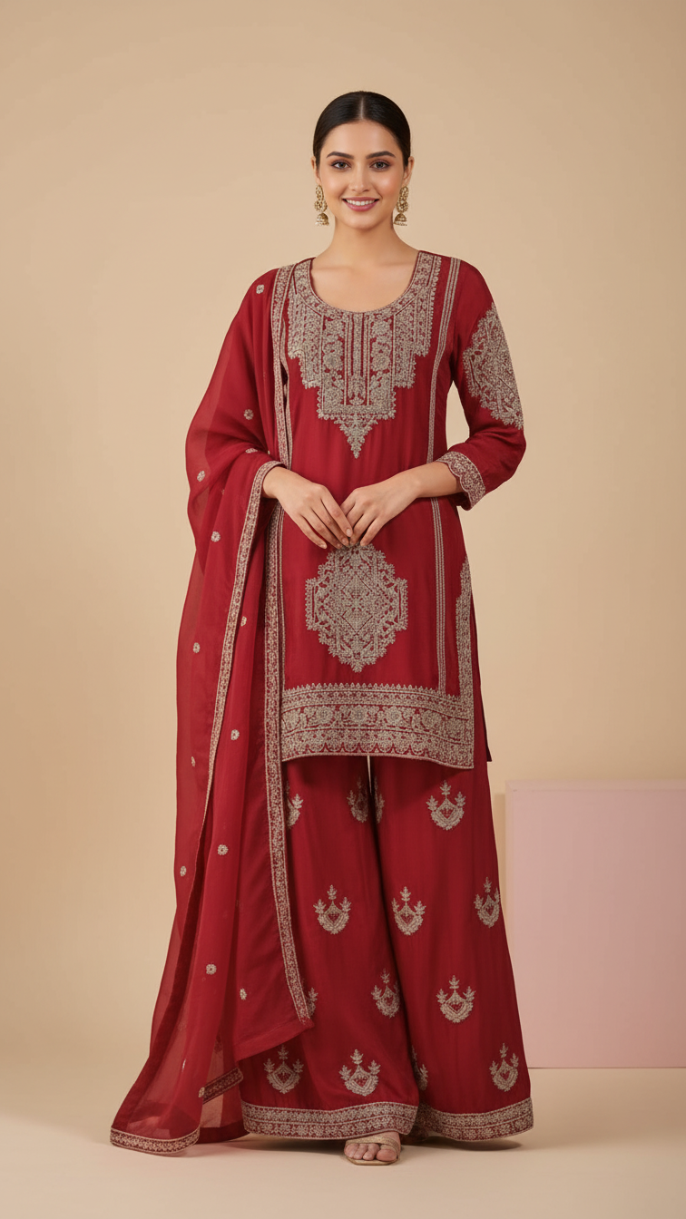 Red Vichitra Silk 3-Piece Plazo Set – Women’s Wedding & Party Wear