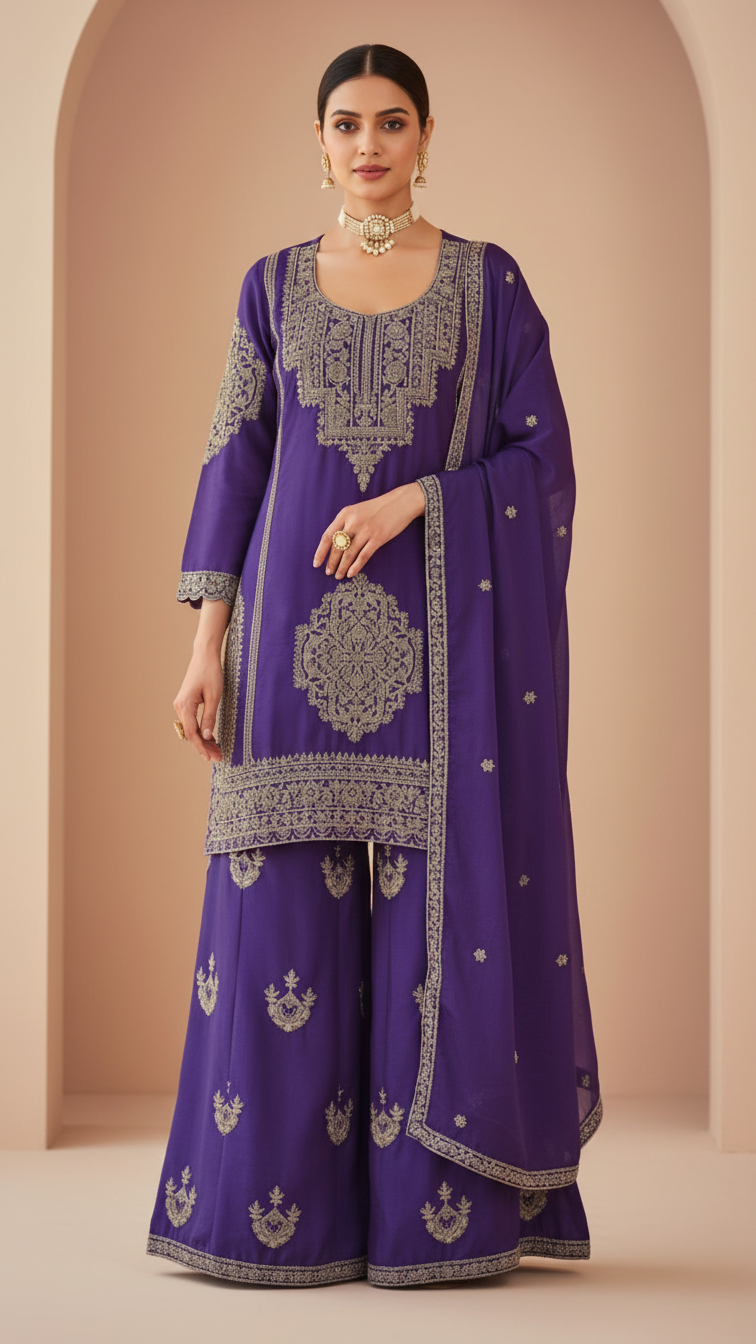 Purple Vichitra Silk 3-Piece Plazo Set – Women’s Wedding & Party Wear
