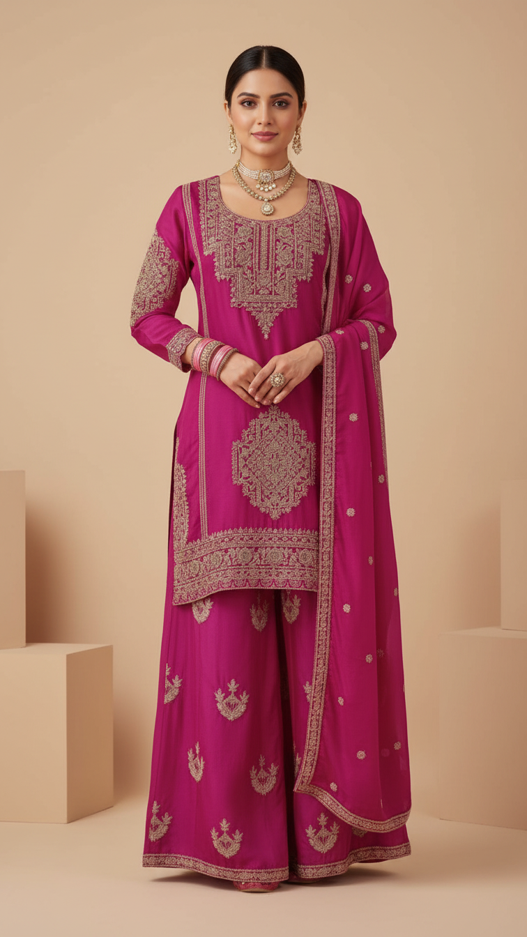 Hot Pink Vichitra Silk 3-Piece Plazo Set – Women’s Wedding & Party Wear