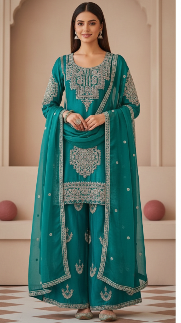 Rama Green Vichitra Silk 3-Piece Plazo Set – Women’s Party & Wedding Wear