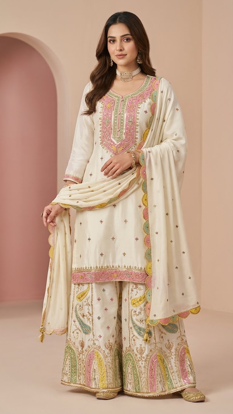 Off-White Heavy Soft Silk 3-Piece Plazo Set with Elegant Thread Work