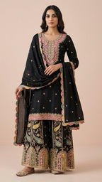 Black Heavy Soft Silk 3-Piece Plazo Set with Elegant Thread Work