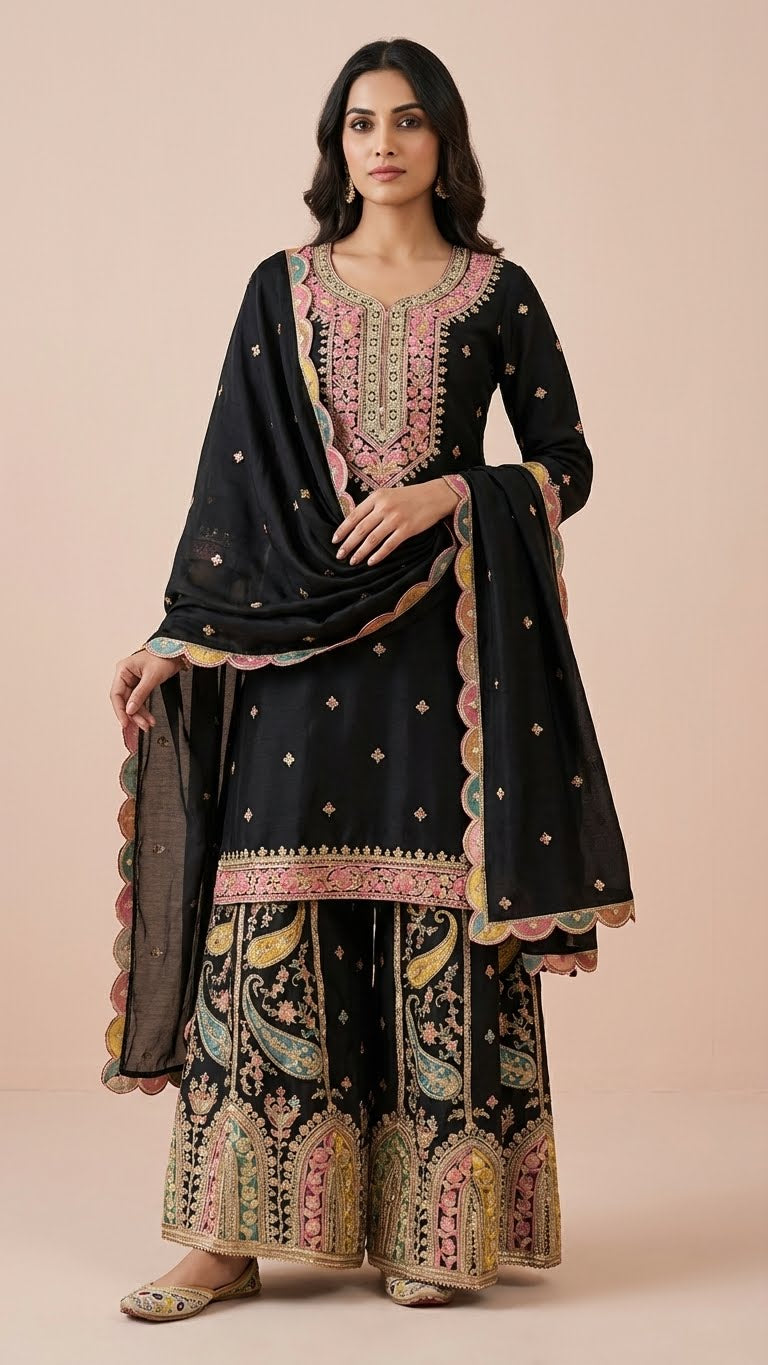 Black Heavy Soft Silk 3-Piece Plazo Set with Elegant Thread Work