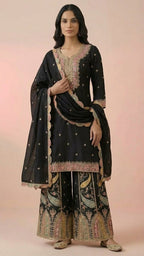 Black Heavy Soft Silk 3-Piece Plazo Set with Elegant Thread Work