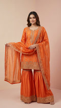 Orange Heavy Soft Silk 3-Piece Sharara Set with Elegant Thread Work
