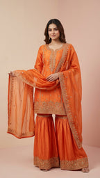 Orange Heavy Soft Silk 3-Piece Sharara Set with Elegant Thread Work