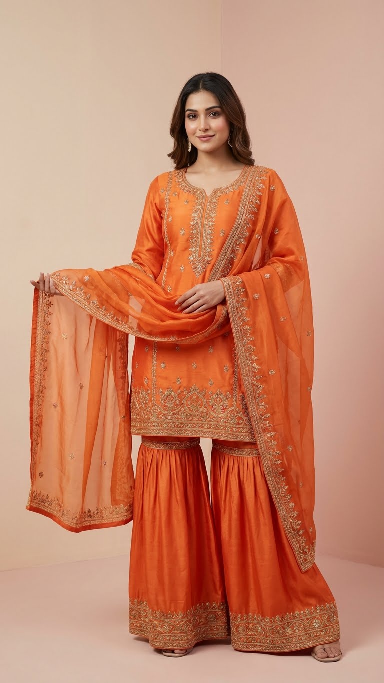 Orange Heavy Soft Silk 3-Piece Sharara Set with Elegant Thread Work