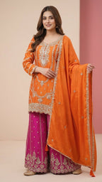 Orange & Magenta Heavy Soft Silk 3-Piece Plazo Set with Elegant Thread Work