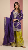 Deep Purple & Lime Green Heavy Soft Silk 3-Piece Plazo Set with Elegant Thread Work