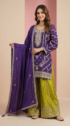 Deep Purple & Lime Green Heavy Soft Silk 3-Piece Plazo Set with Elegant Thread Work