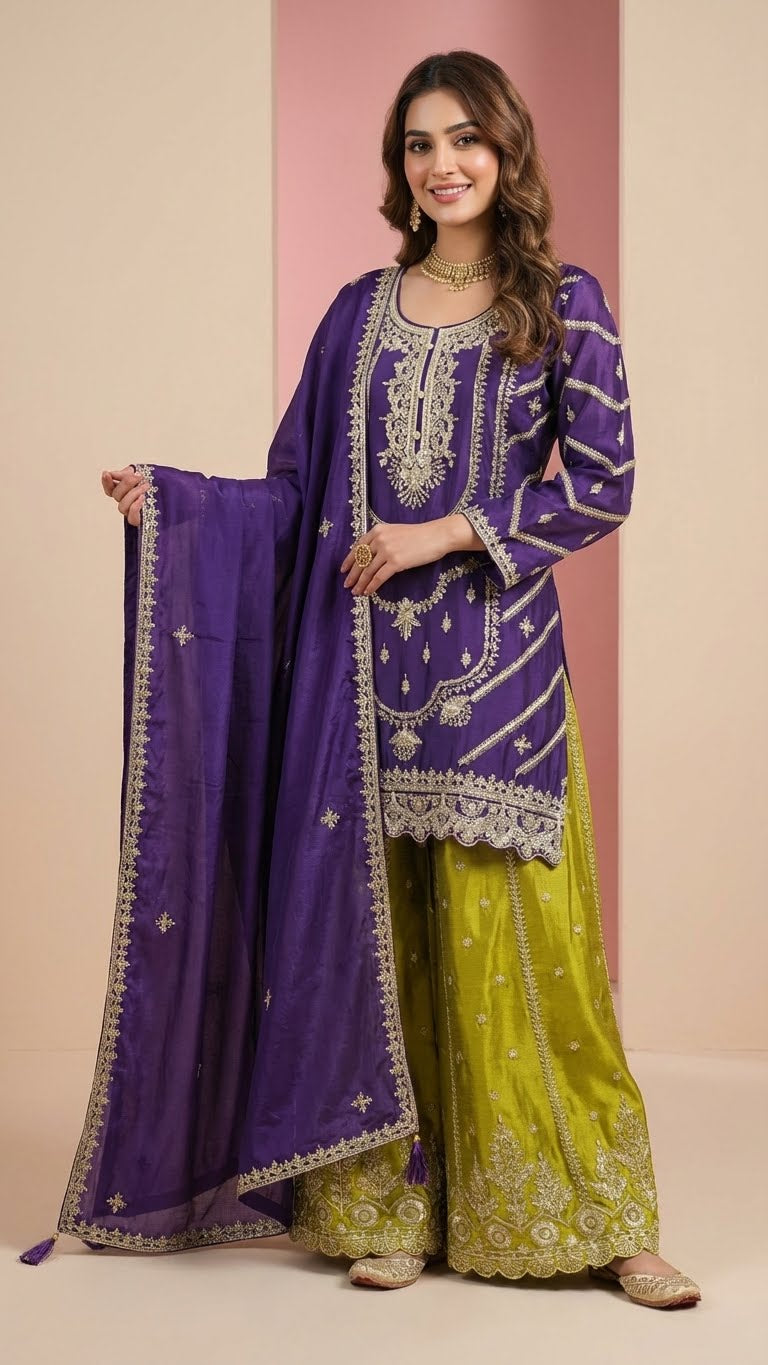 Deep Purple & Lime Green Heavy Soft Silk 3-Piece Plazo Set with Elegant Thread Work
