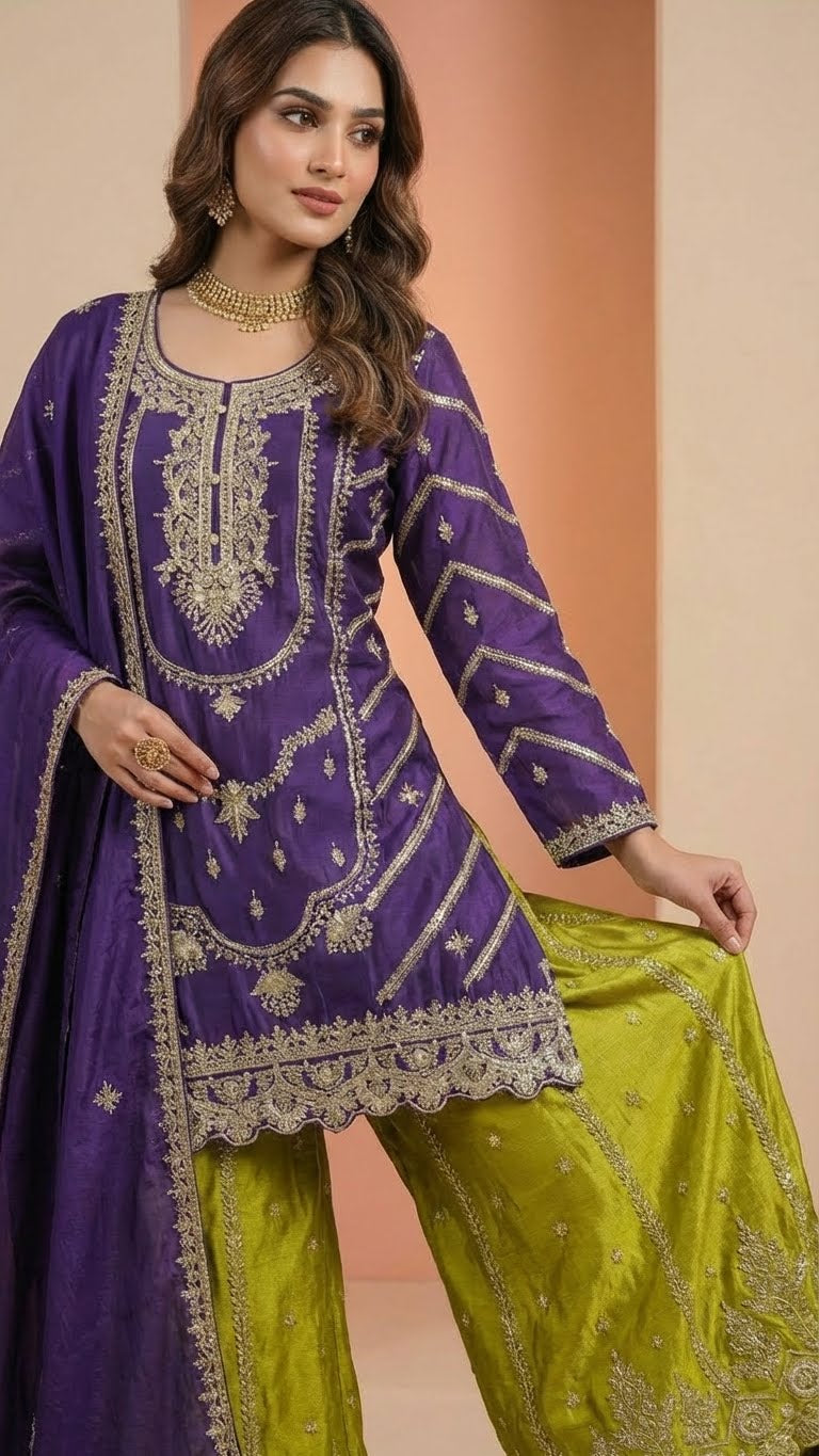 Deep Purple & Lime Green Heavy Soft Silk 3-Piece Plazo Set with Elegant Thread Work