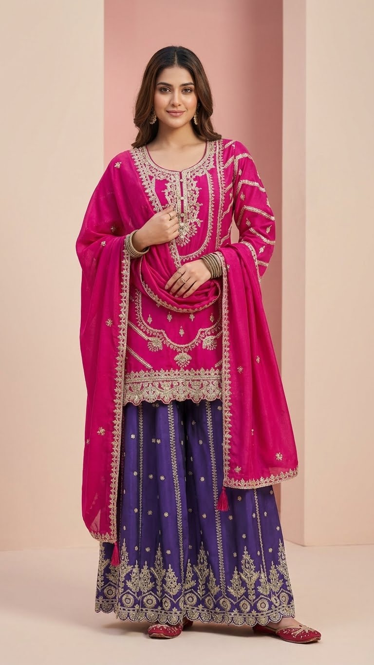 Hot Pink & Dark Purple Heavy Soft Silk 3-Piece Plazo Set with Elegant Thread Work