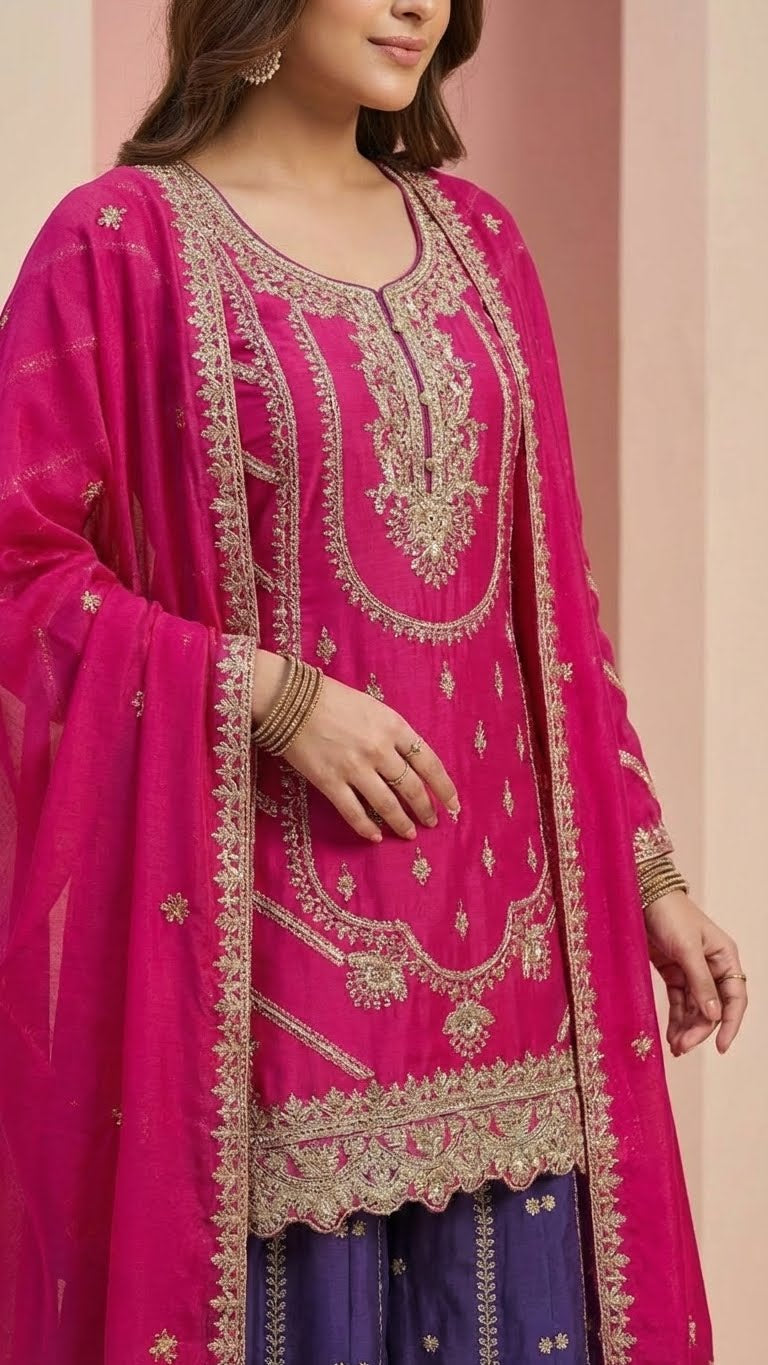 Hot Pink & Dark Purple Heavy Soft Silk 3-Piece Plazo Set with Elegant Thread Work