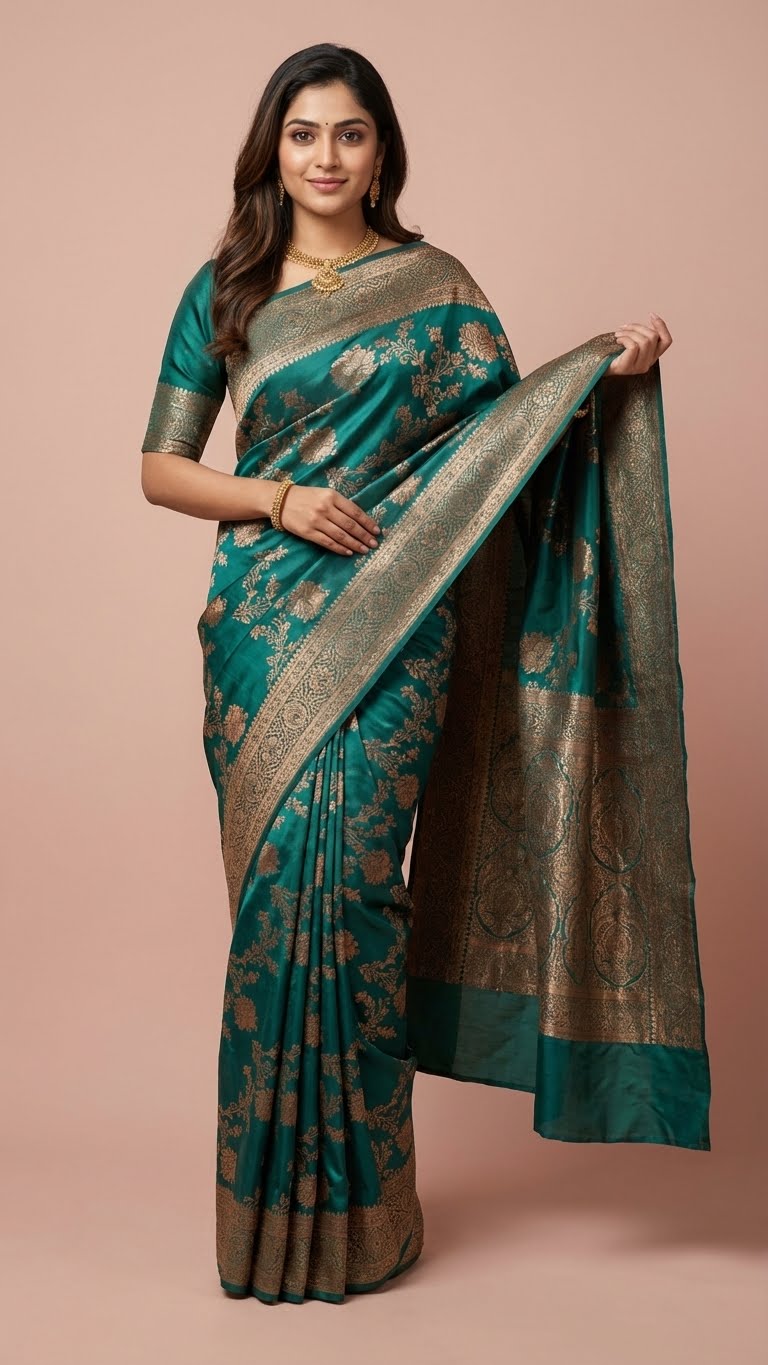 Teal Green Silk Saree with Rich Zari Embroidery