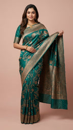 Teal Green Silk Saree with Rich Zari Embroidery