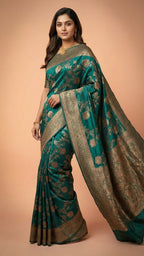 Teal Green Silk Saree with Rich Zari Embroidery