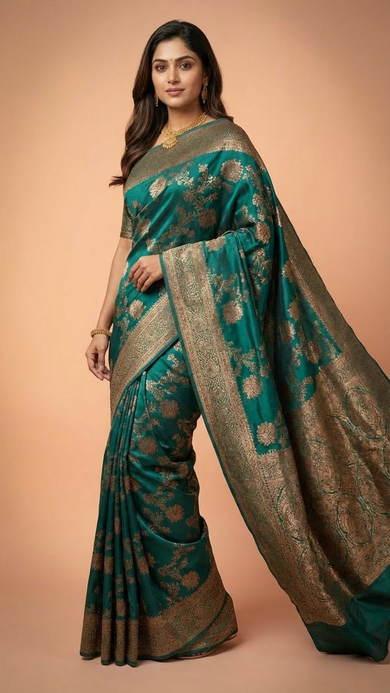 Teal Green Silk Saree with Rich Zari Embroidery