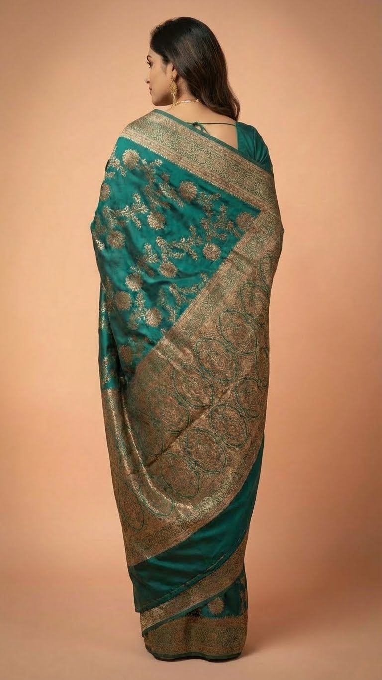 Teal Green Silk Saree with Rich Zari Embroidery
