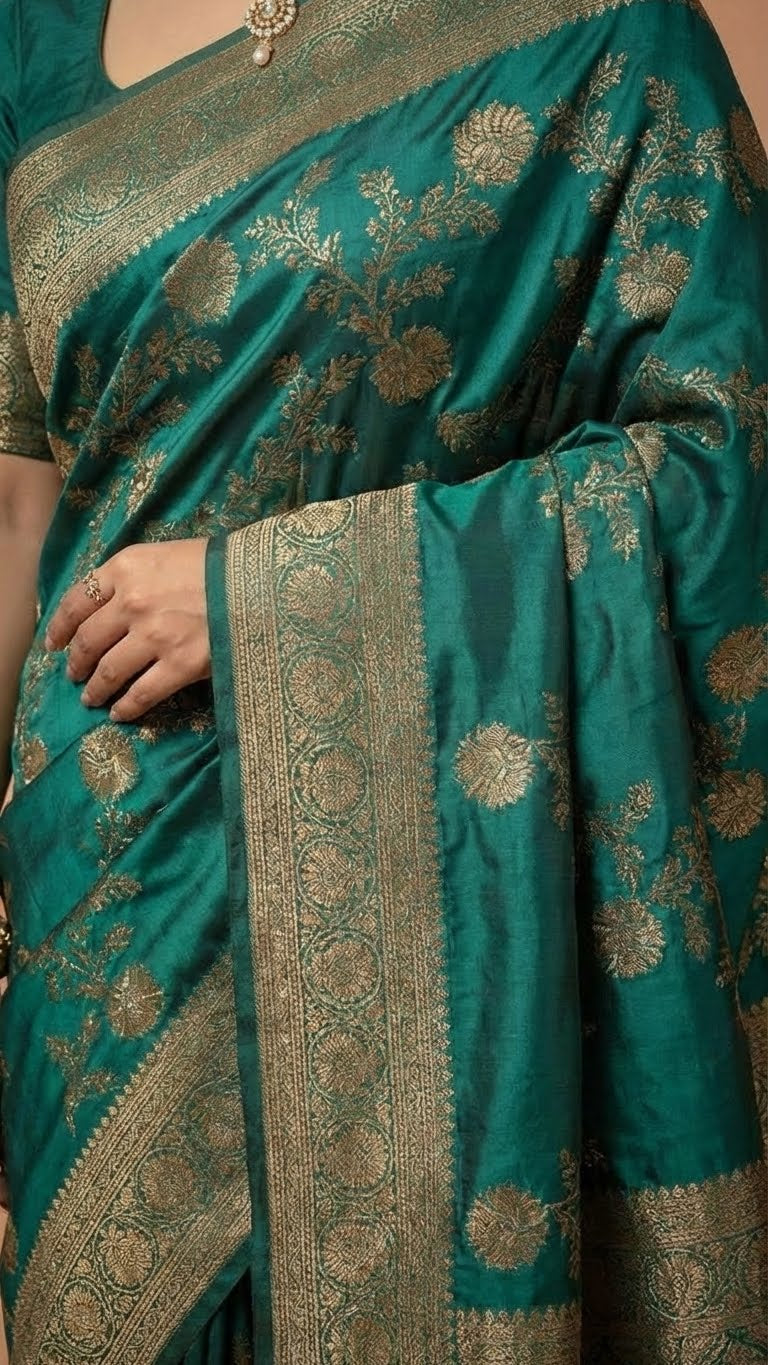 Teal Green Silk Saree with Rich Zari Embroidery