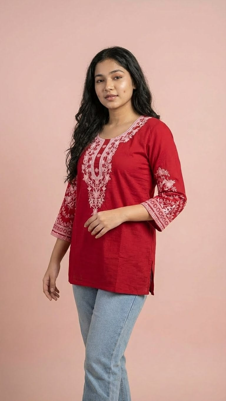Crimson Red Soft Cotton Short Kurti with Thread Embroidery