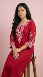 Crimson Red Soft Cotton Short Kurti with Thread Embroidery