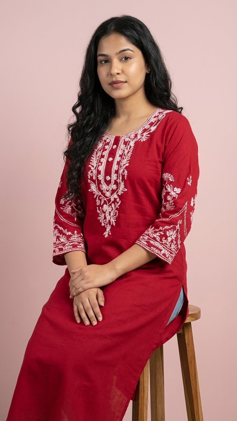 Crimson Red Soft Cotton Short Kurti with Thread Embroidery